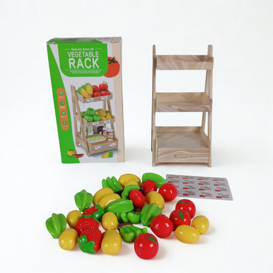“Kids wooden vegetable rack toy with colorful pretend play fruits and vegetables for learning and role play”