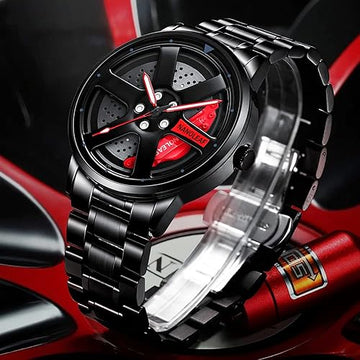 Mens Wrist Watch Creative 3D Spinning Car Wheel Rotating Watches Rim Hub Design Fashion Quartz Stylish Wristwatch with Stainless Steel Strap Gifts for Car Enthusiasts