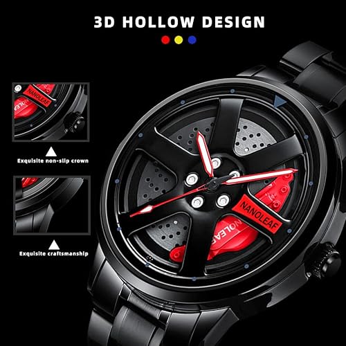 Mens Wrist Watch Creative 3D Spinning Car Wheel Rotating Watches Rim Hub Design Fashion Quartz Stylish Wristwatch with Stainless Steel Strap Gifts for Car Enthusiasts