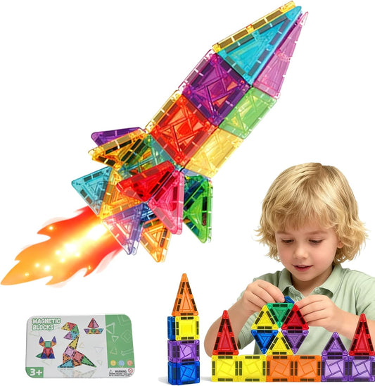 MEIQ 42PCS Mini Magnetic Tiles Travel Set with Iron Storage Box - Portable STEM Building Blocks for Kids 3-8, Montessori Educational Magnet Toys for...