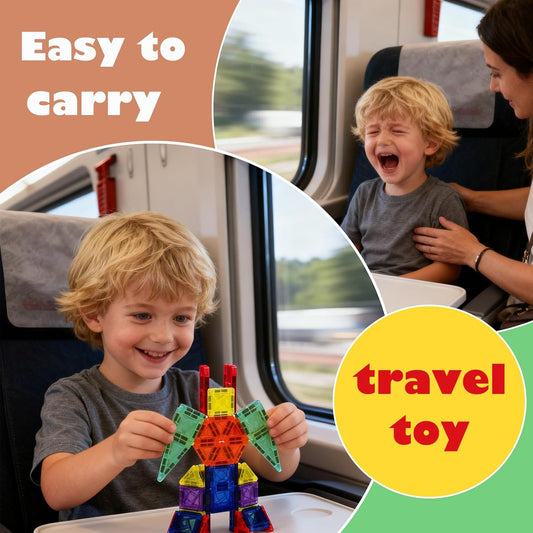 MEIQ 42PCS Mini Magnetic Tiles Travel Set with Iron Storage Box - Portable STEM Building Blocks for Kids 3-8, Montessori Educational Magnet Toys for...