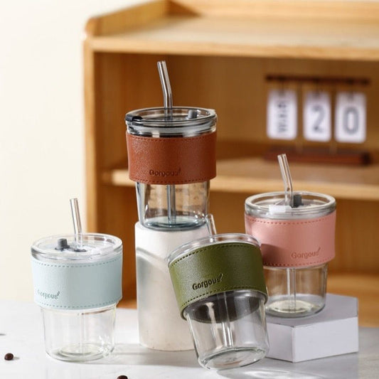 Coffee Or Tea Mug Cup With Drinking Straw Lid and PU Leather Sleeve