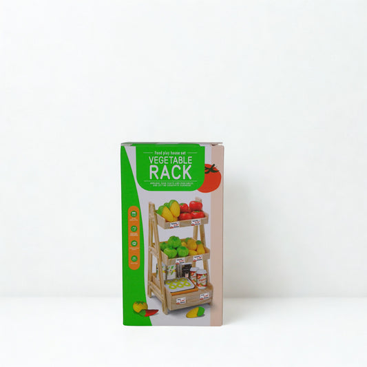 Kids pretend play vegetable rack toy box packaging with wooden rack and fruits set